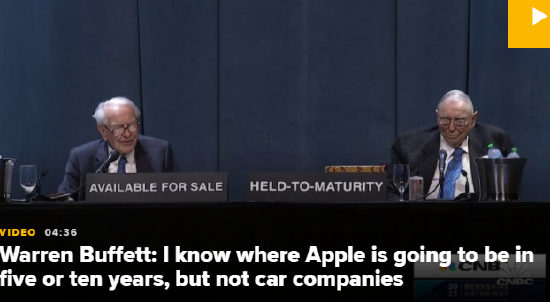 巴菲特：我知道苹果公司5年或10年后的发展趋势，但不知道汽车公司未来会怎样