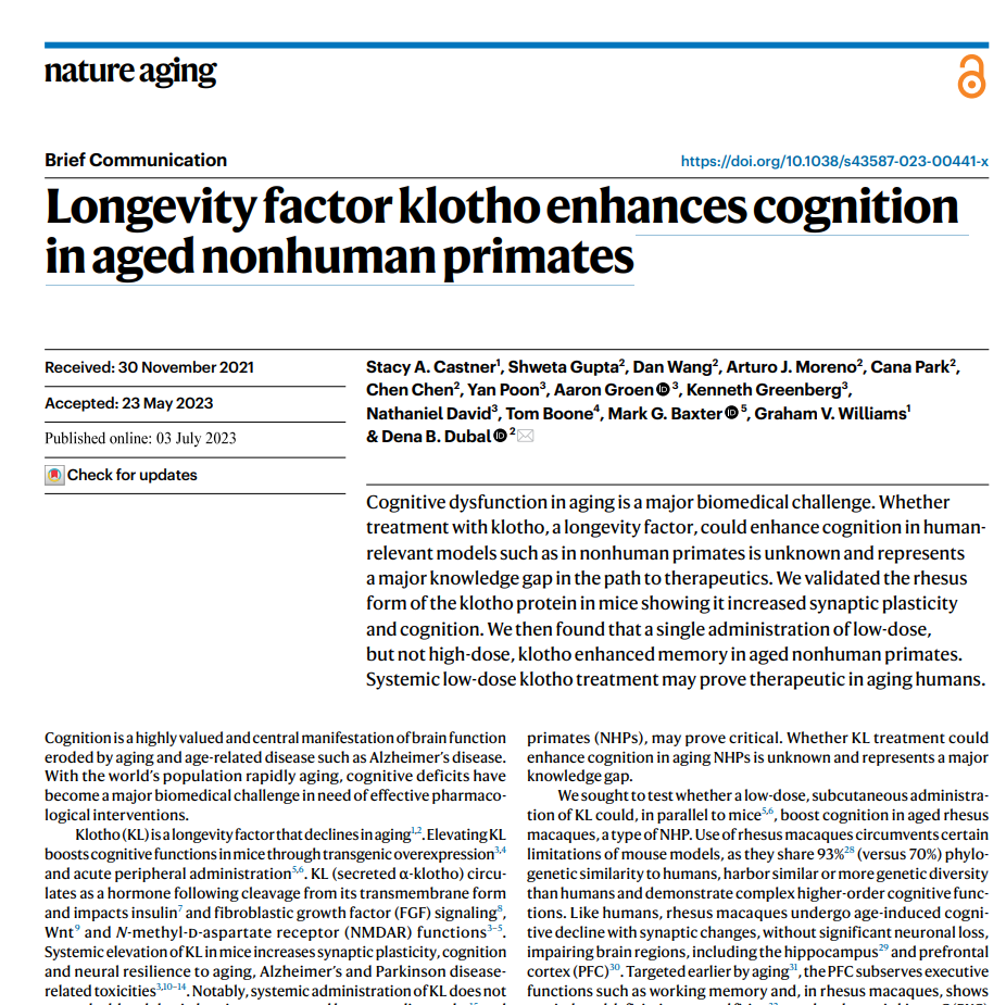 Nature：注射抗衰老蛋白klotho可增强老年猴子的记忆力