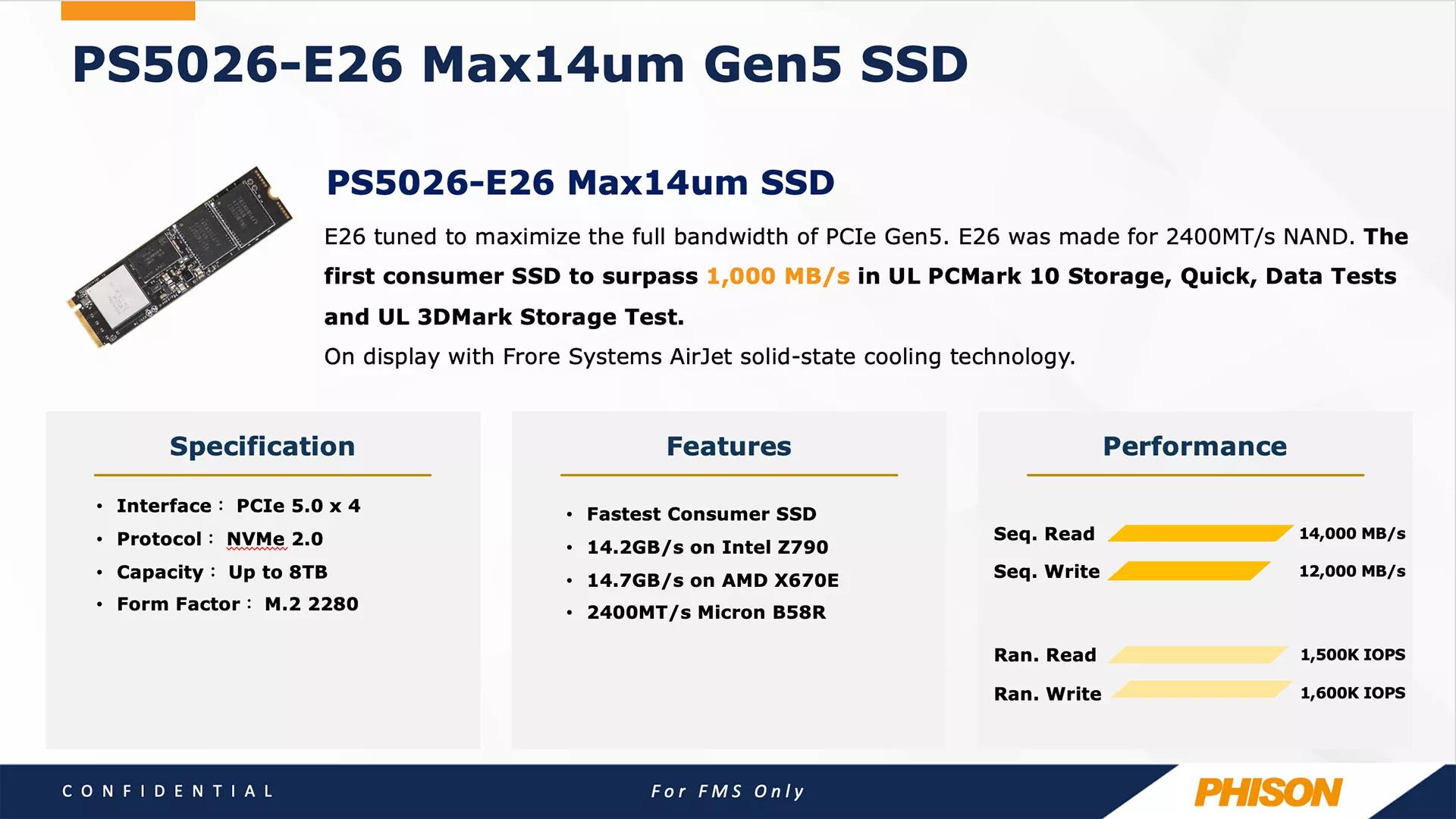 群联展示最新 E26 方案 PCIe 5.0 SSD：采用 AirJet 散热技术，速度超 14 GB/s