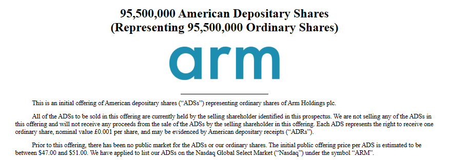 ARM宣布启动IPO路演：拟以每股47-51美元发行9550万股ADS